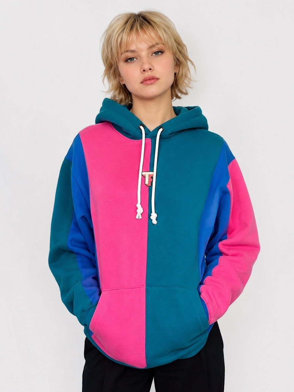 Teddy Fresh Color block hooded sweatshirt with pockets size small